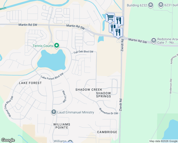 map of restaurants, bars, coffee shops, grocery stores, and more near 3 Tall Oak Boulevard Southwest in Huntsville