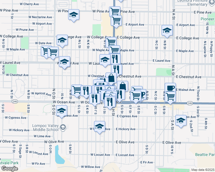 map of restaurants, bars, coffee shops, grocery stores, and more near 125 West Walnut Avenue in Lompoc