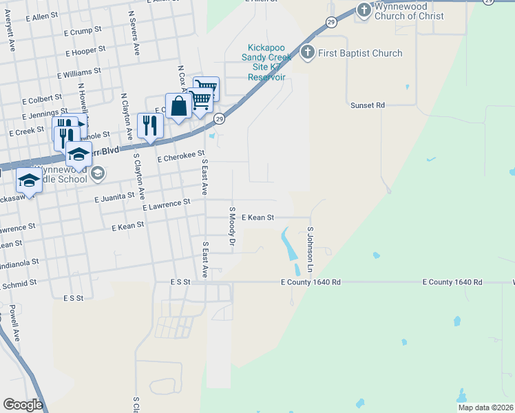 map of restaurants, bars, coffee shops, grocery stores, and more near 1309 East Lawrence Street in Wynnewood