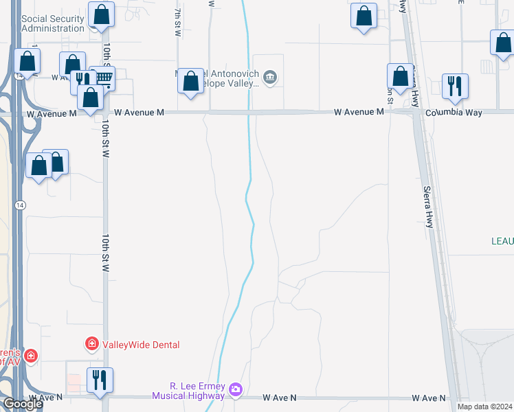 map of restaurants, bars, coffee shops, grocery stores, and more near Avenue M8 in Palmdale