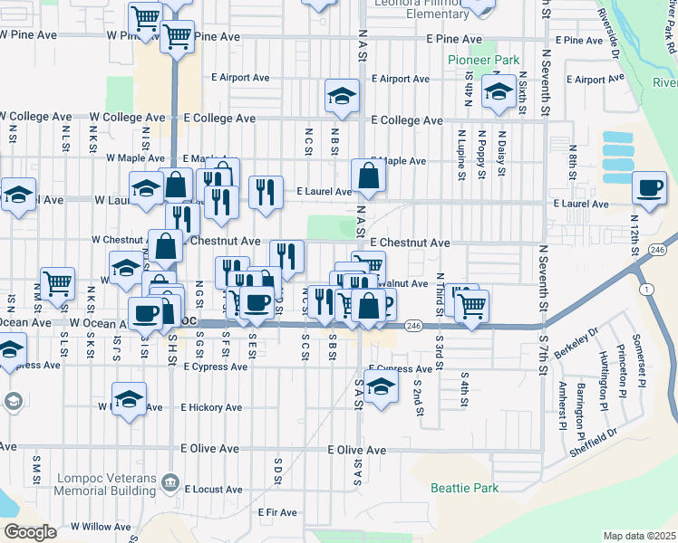 map of restaurants, bars, coffee shops, grocery stores, and more near 210 North B Street in Lompoc