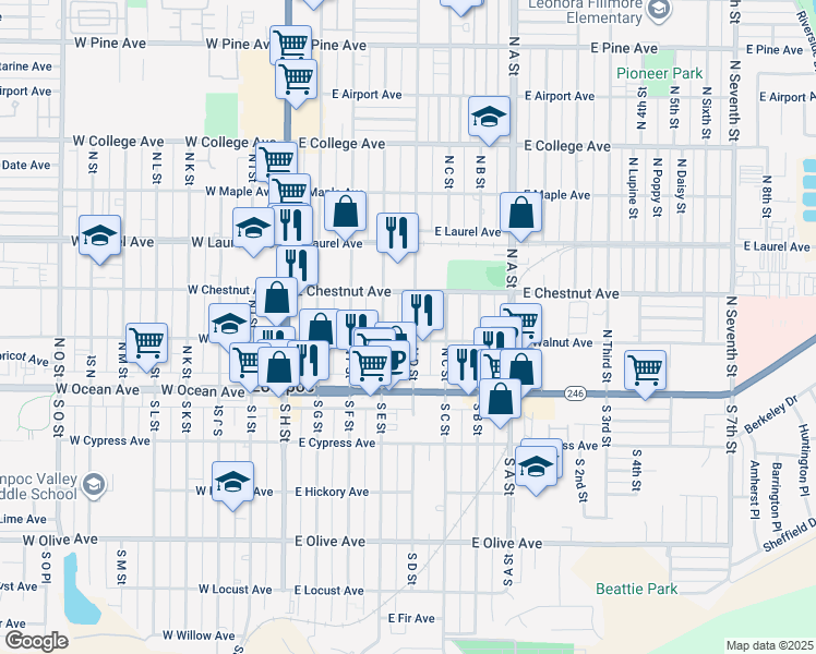 map of restaurants, bars, coffee shops, grocery stores, and more near 211 North D Street in Lompoc