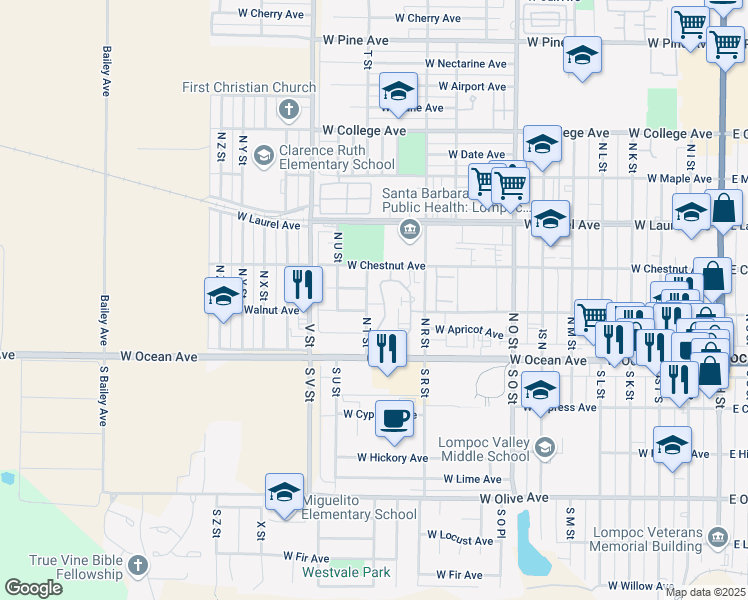 map of restaurants, bars, coffee shops, grocery stores, and more near 214 North T Street in Lompoc