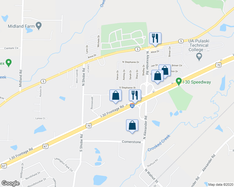 map of restaurants, bars, coffee shops, grocery stores, and more near 26108 Interstate 30 in Alexander