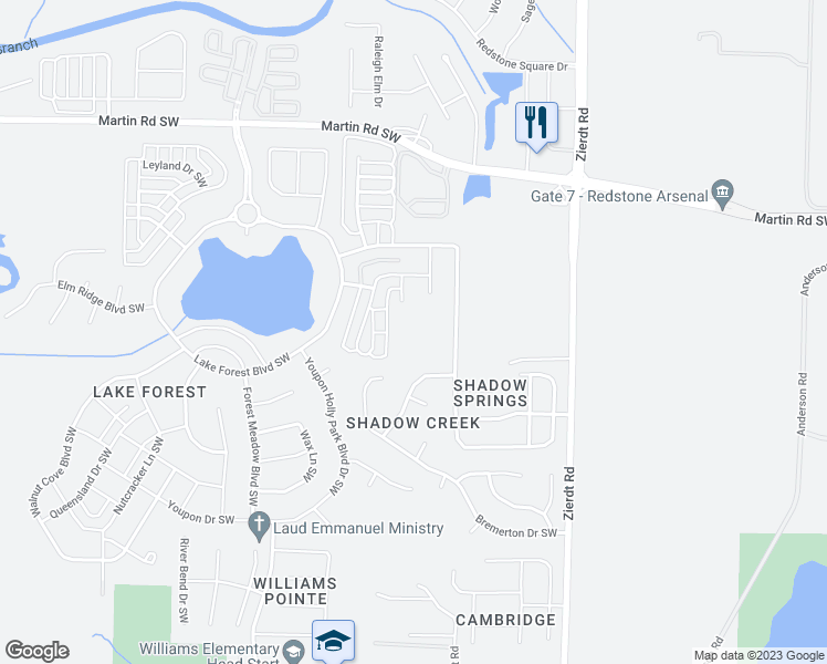 map of restaurants, bars, coffee shops, grocery stores, and more near 3 Bull Oak Drive Southwest in Huntsville