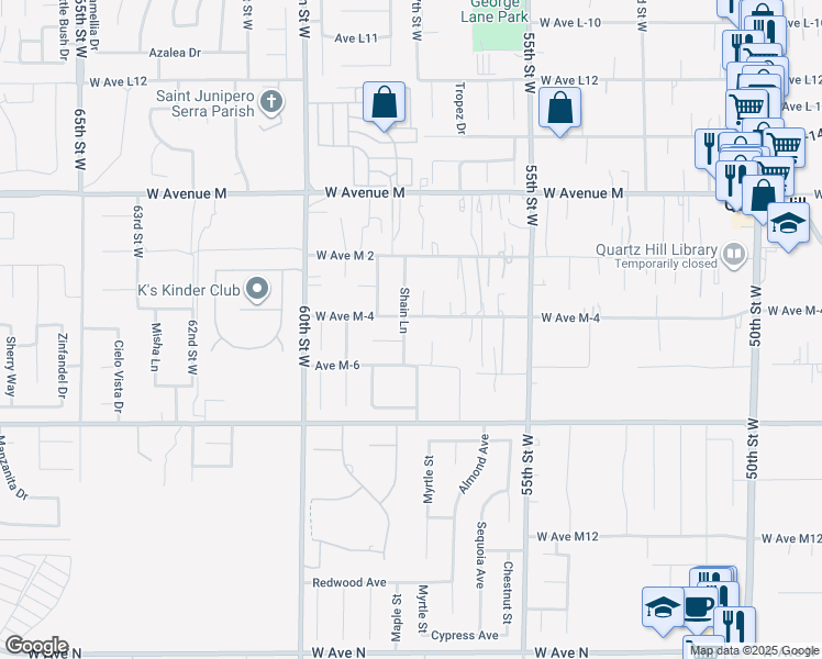 map of restaurants, bars, coffee shops, grocery stores, and more near 41738 Shain Lane in Quartz Hill