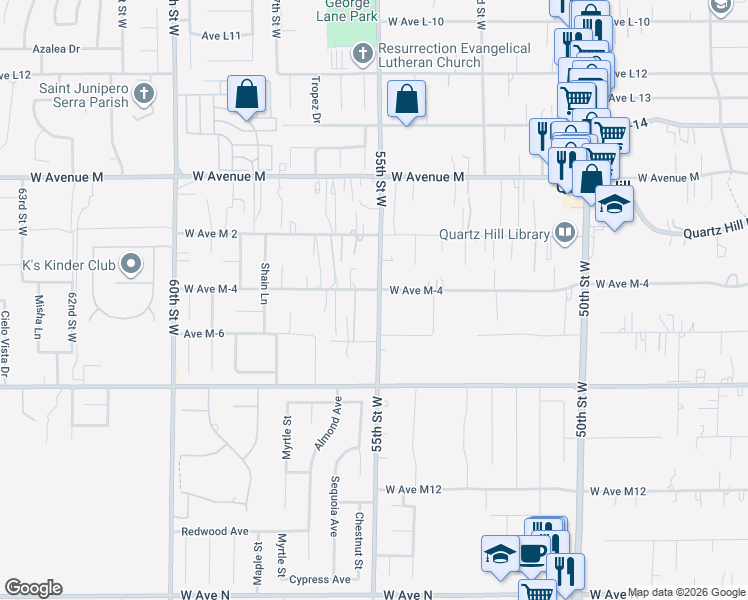 map of restaurants, bars, coffee shops, grocery stores, and more near 41741 55th Street West in Lancaster
