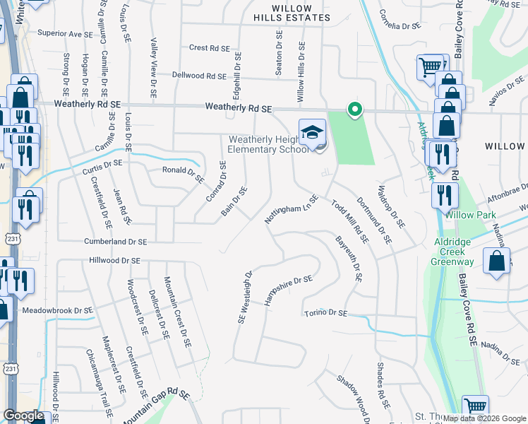 map of restaurants, bars, coffee shops, grocery stores, and more near 9529 Hemlock Drive Southeast in Huntsville