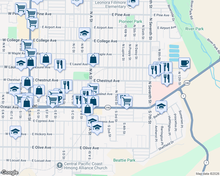 map of restaurants, bars, coffee shops, grocery stores, and more near 205 North Third Street in Lompoc