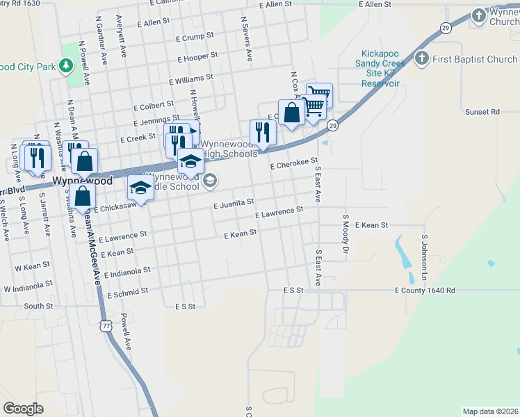 map of restaurants, bars, coffee shops, grocery stores, and more near 405 South Clayton Avenue in Wynnewood