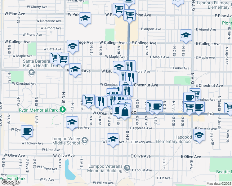 map of restaurants, bars, coffee shops, grocery stores, and more near in Lompoc