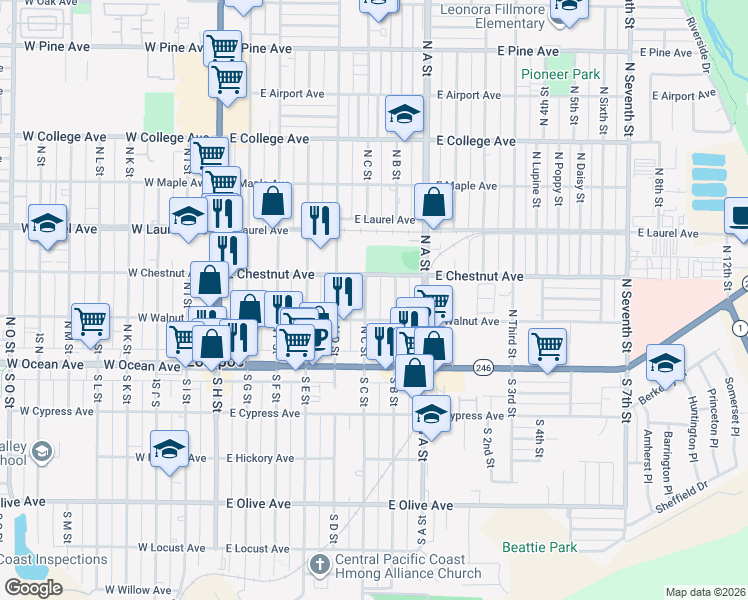 map of restaurants, bars, coffee shops, grocery stores, and more near 204 North C Street in Lompoc