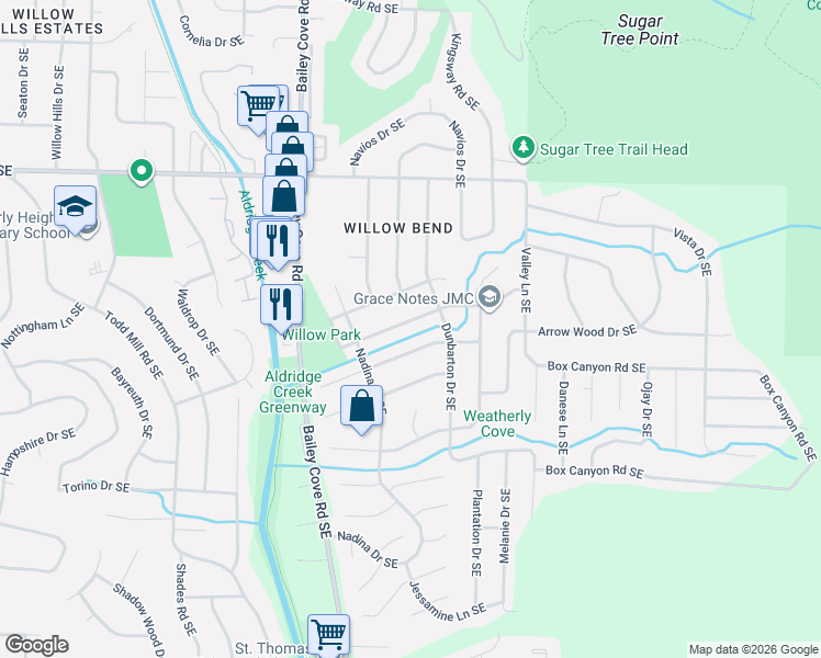 map of restaurants, bars, coffee shops, grocery stores, and more near 2015 Wrenwood Drive Southeast in Huntsville