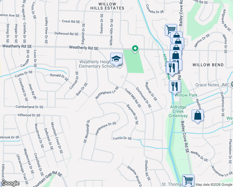 map of restaurants, bars, coffee shops, grocery stores, and more near 9999 Bayreuth Drive Southeast in Huntsville
