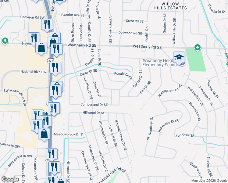 map of restaurants, bars, coffee shops, grocery stores, and more near 11022 Mcbride Drive Southeast in Huntsville