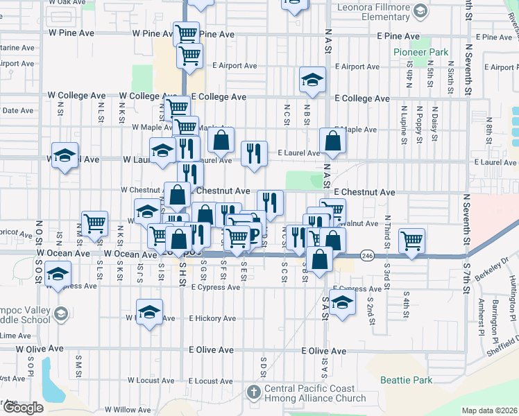 map of restaurants, bars, coffee shops, grocery stores, and more near 211 North D Street in Lompoc
