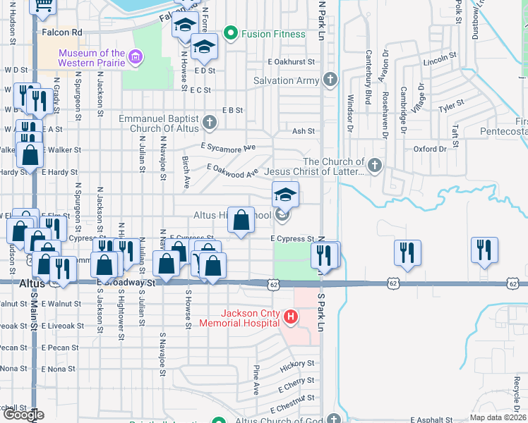 map of restaurants, bars, coffee shops, grocery stores, and more near 1024 East Elm Street in Altus