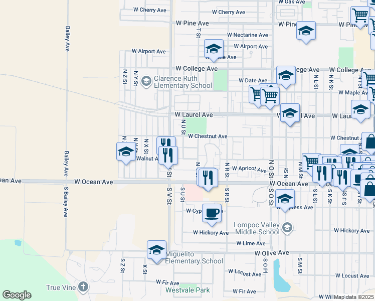 map of restaurants, bars, coffee shops, grocery stores, and more near 1312 West Guava Avenue in Lompoc