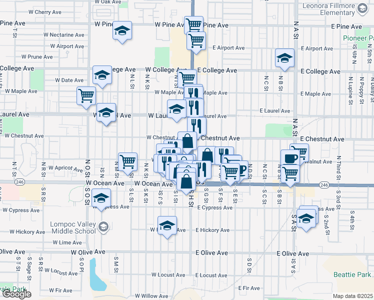 map of restaurants, bars, coffee shops, grocery stores, and more near 200 North H Street in Lompoc