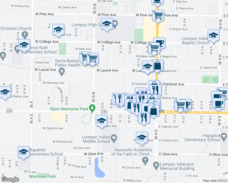 map of restaurants, bars, coffee shops, grocery stores, and more near 214 North M Street in Lompoc