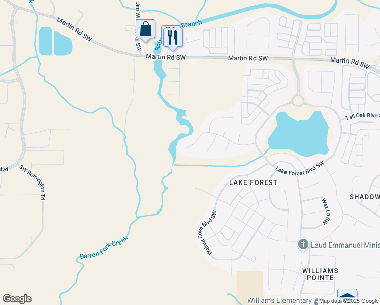 map of restaurants, bars, coffee shops, grocery stores, and more near 33 Elm Ridge Blvd SW in Huntsville