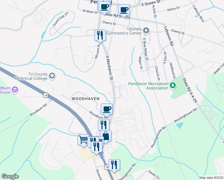 map of restaurants, bars, coffee shops, grocery stores, and more near 751 South Mechanic Street in Pendleton