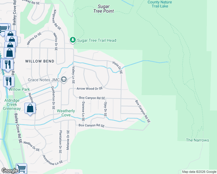 map of restaurants, bars, coffee shops, grocery stores, and more near 2602 Ridgeview Circle Southeast in Huntsville