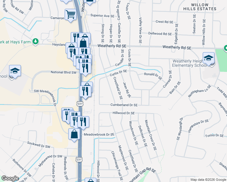 map of restaurants, bars, coffee shops, grocery stores, and more near 11019 Strong Drive Southeast in Huntsville