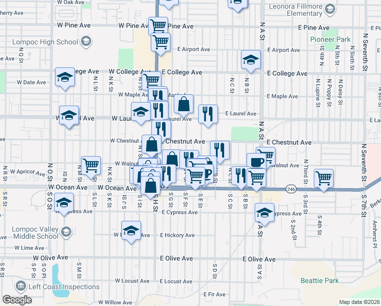 map of restaurants, bars, coffee shops, grocery stores, and more near 220 North F Street in Lompoc
