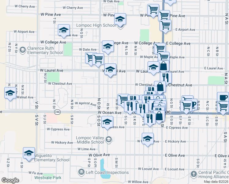 map of restaurants, bars, coffee shops, grocery stores, and more near 217 North M Street in Lompoc