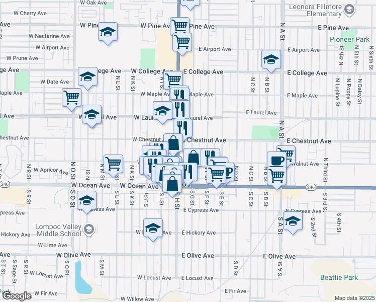 map of restaurants, bars, coffee shops, grocery stores, and more near 200 North H Street in Lompoc