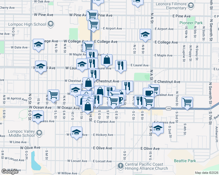 map of restaurants, bars, coffee shops, grocery stores, and more near 220 North F Street in Lompoc