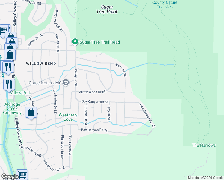 map of restaurants, bars, coffee shops, grocery stores, and more near 2602 Ridgeview Circle Southeast in Huntsville