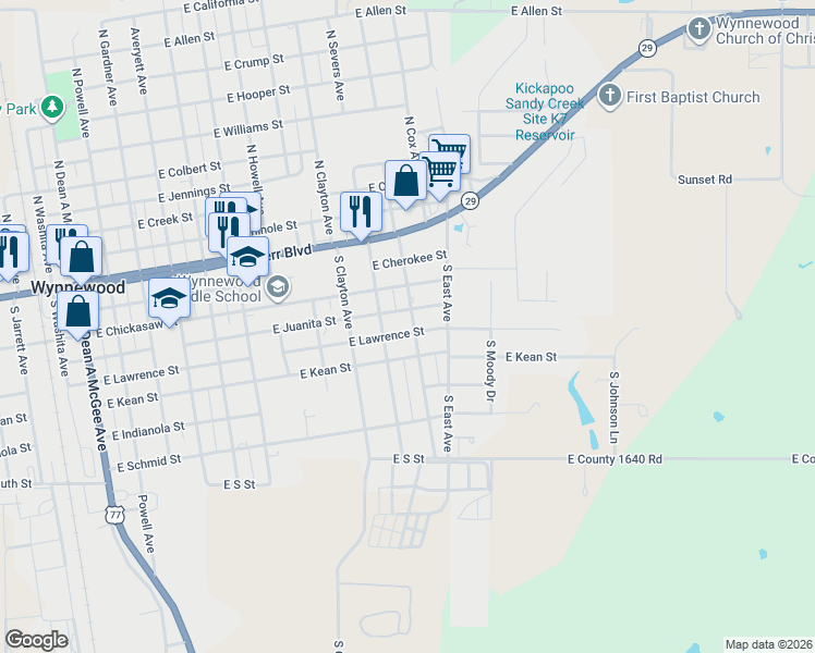 map of restaurants, bars, coffee shops, grocery stores, and more near 1001 East Lawrence Street in Wynnewood