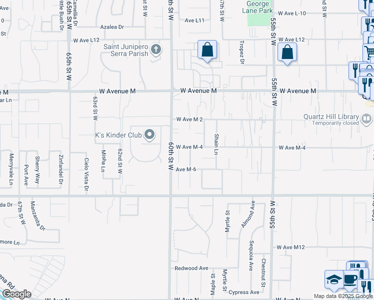 map of restaurants, bars, coffee shops, grocery stores, and more near 41747 Crispi Lane in Quartz Hill