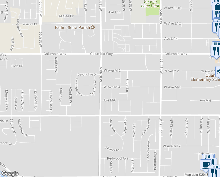 map of restaurants, bars, coffee shops, grocery stores, and more near 41747 Crispi Lane in Quartz Hill