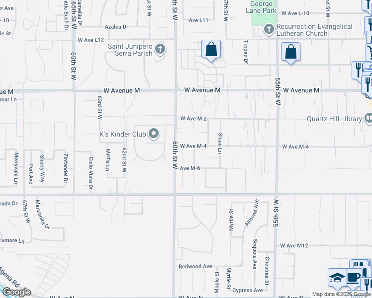 map of restaurants, bars, coffee shops, grocery stores, and more near 41742 Wayladn Court in Quartz Hill
