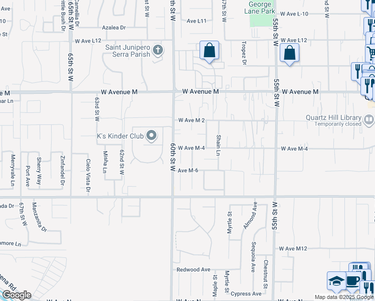 map of restaurants, bars, coffee shops, grocery stores, and more near 41747 Crispi Lane in Quartz Hill