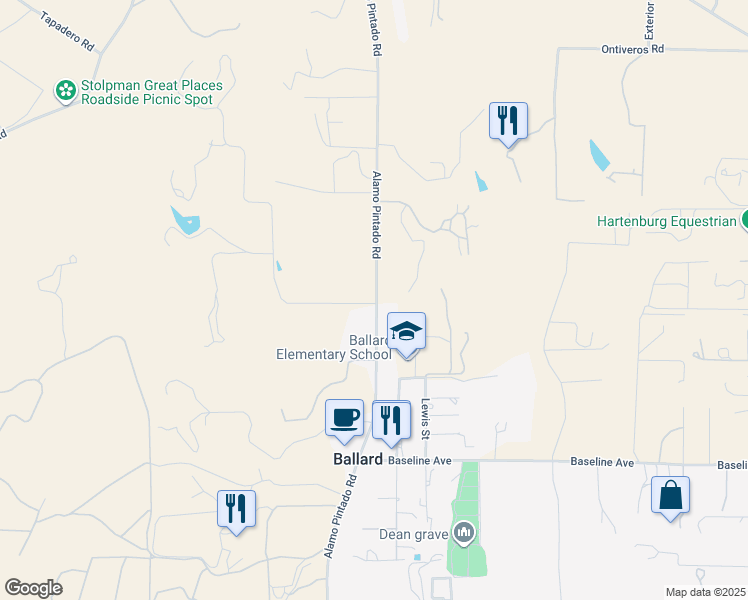 map of restaurants, bars, coffee shops, grocery stores, and more near 2107 Alamo Pintado Road in Solvang