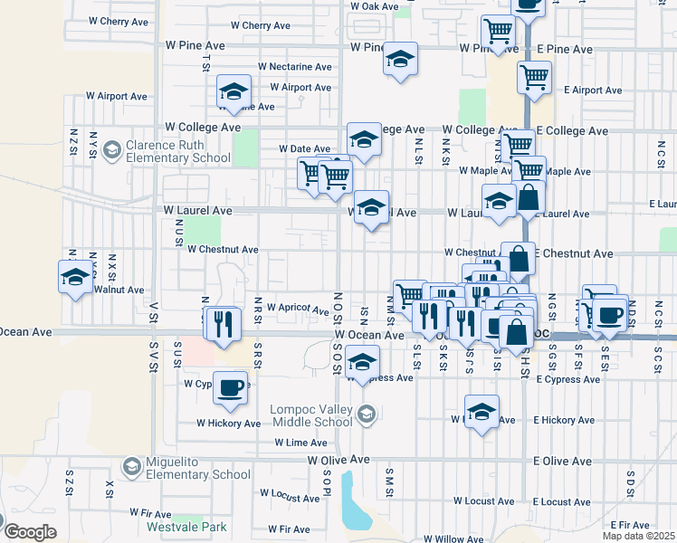 map of restaurants, bars, coffee shops, grocery stores, and more near 200 North O Street in Lompoc