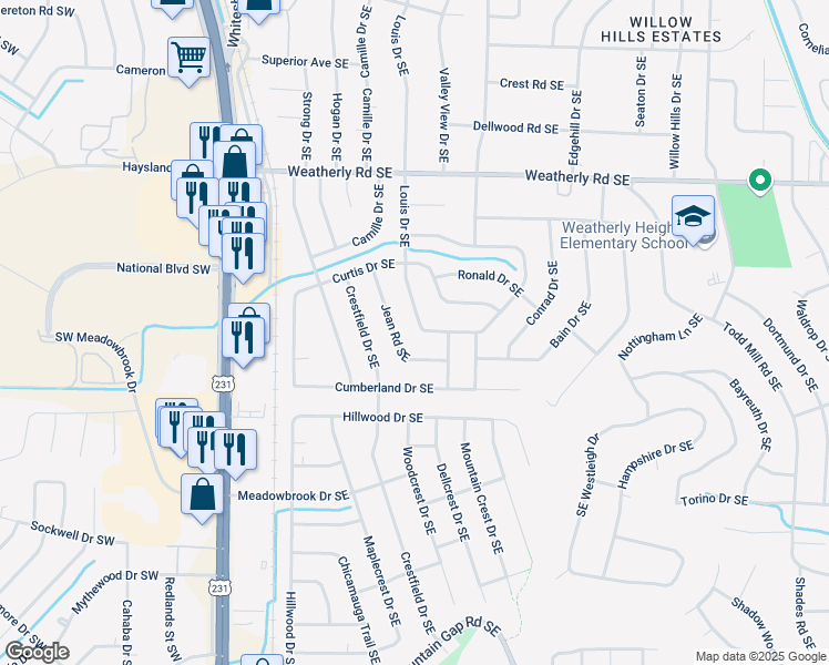 map of restaurants, bars, coffee shops, grocery stores, and more near 11025 Jean Road Southeast in Huntsville