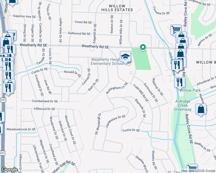 map of restaurants, bars, coffee shops, grocery stores, and more near 9529 Hemlock Drive Southeast in Huntsville