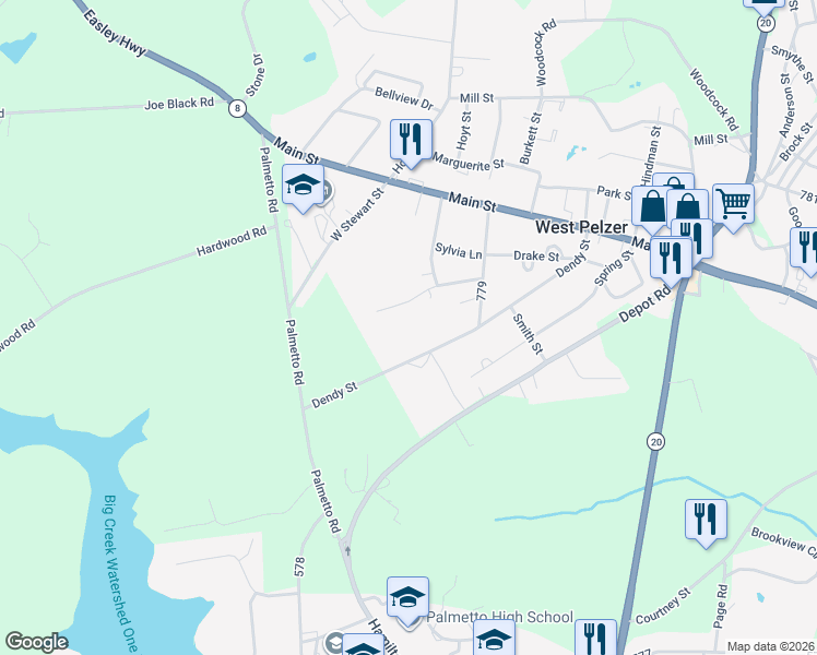 map of restaurants, bars, coffee shops, grocery stores, and more near 48 Dendy Street in Pelzer