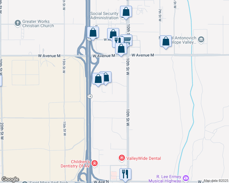 map of restaurants, bars, coffee shops, grocery stores, and more near 11th Street West in Palmdale