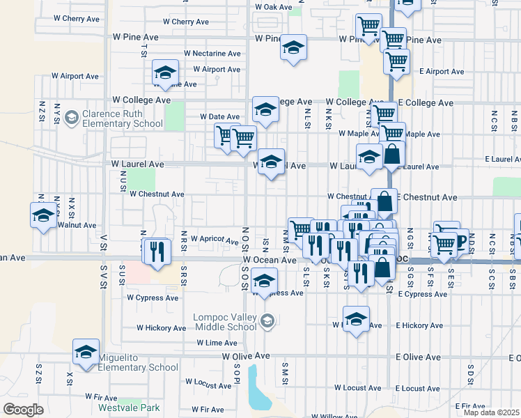 map of restaurants, bars, coffee shops, grocery stores, and more near 200 North O Street in Lompoc