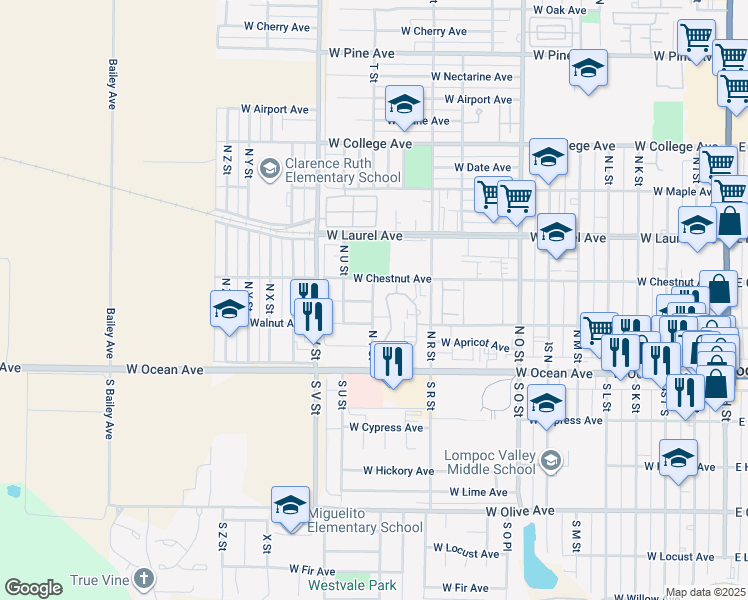 map of restaurants, bars, coffee shops, grocery stores, and more near 214 North T Street in Lompoc