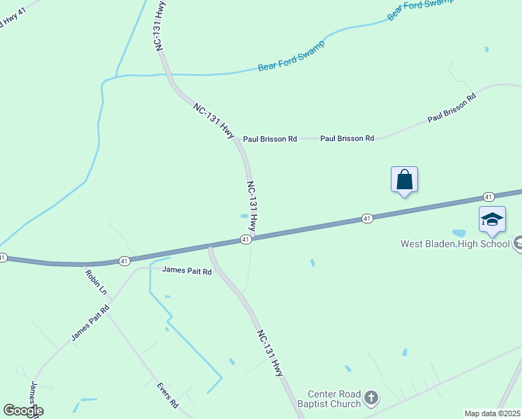 map of restaurants, bars, coffee shops, grocery stores, and more near 6821 North Carolina 131 Highway in Bladenboro