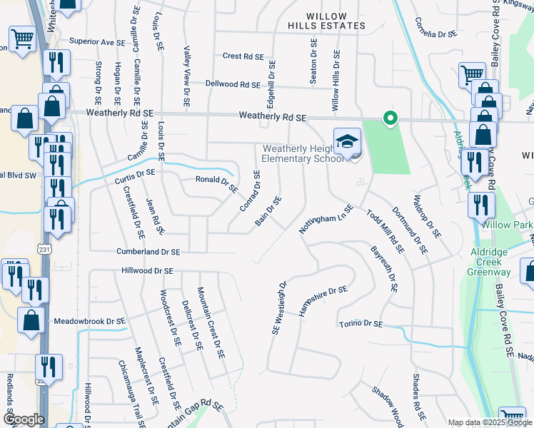 map of restaurants, bars, coffee shops, grocery stores, and more near 901 Lane Drive Southeast in Huntsville