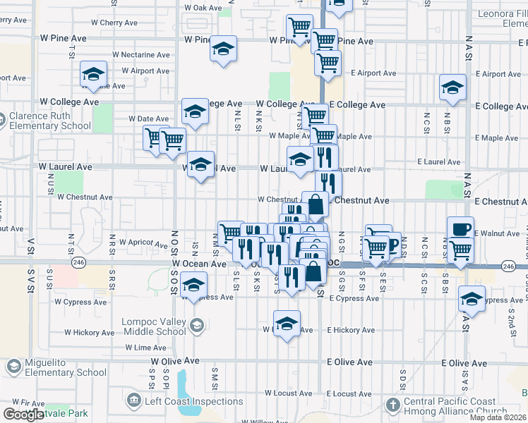 map of restaurants, bars, coffee shops, grocery stores, and more near 403 West Walnut Avenue in Lompoc
