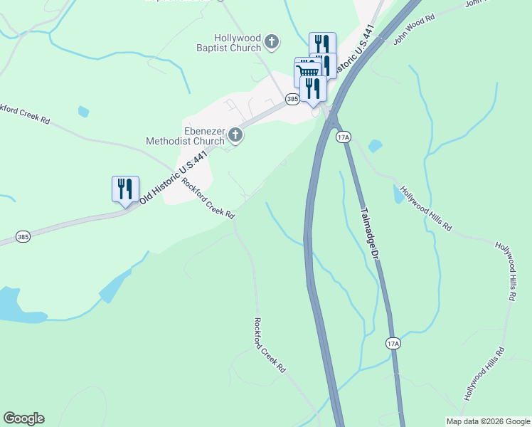 map of restaurants, bars, coffee shops, grocery stores, and more near 1532 Rock Ford Creek Road in Clarkesville
